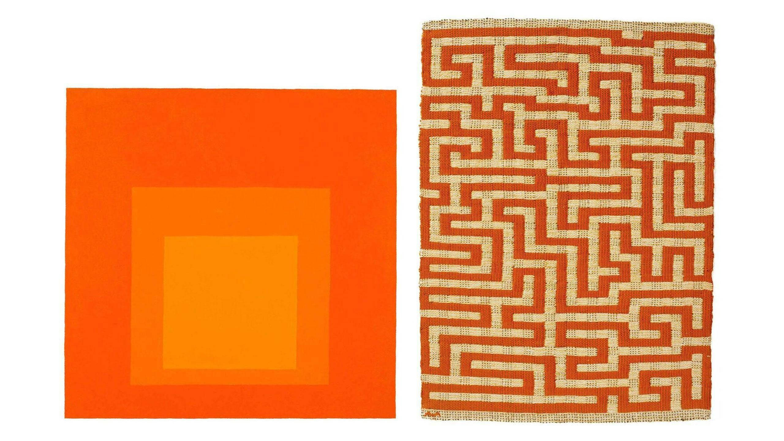 Josef Albers, Homage to the Square, 1957; Anni Albers, Red Meander, 1954. Courtesy The Josef and Anni Albers Foundation